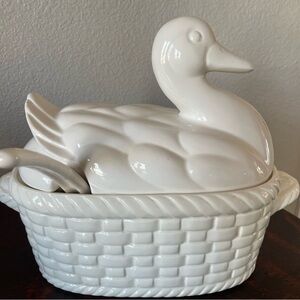 Vintage All White Ceramic Duck Soup Tureen with Lid and Ladle